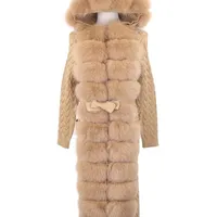 Womens Fur Faux FURYOUME Autumn Winter Women Real Coat Xlong Casual Fashion Wool Knitted Sweater Natural Collar Hooded Cardigan 220926