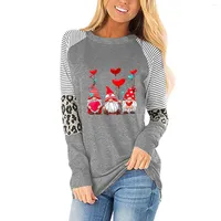 Women's T Shirts Women Casual O-Neck Leopard Splicing Valentine's Day Printing Long Sleeve Top T-Shirt Blouse Cheer Shirt