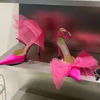Sandals Shoe Luxury Designer High-Heeled Rose Pink Vamp Heel Cross Big Bow Fluorescent Vamp Pointed Toe Strap Box Size 35-42 fKs