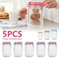 Storage Bags 5Pcs Reusable Mason Jar Bottles Nuts Candy Cookies Bag Waterproof Seal Fresh Food Sandwich
