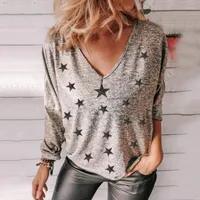Women&#039;s T Shirts Women Fashion Five-Pointed Star Print T-Shirt 2022 Spring Simple Casual Loose Long Sleeve V-Neck Tops