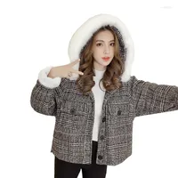 Women's Wool Student Women Fashion Plaid Coat 2022 Elegant Female Winter Loose Thick Warm Woolen Coats Fur Collar Hooded Top F166