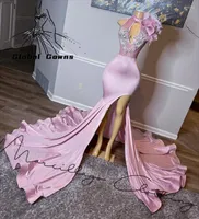 Party Dresses Pink O Neck Long Prom Dress For Black Girls 2022 Beaded Crystal Celebrity Feathers Graduation Gowns Mermaid Robe De Bal