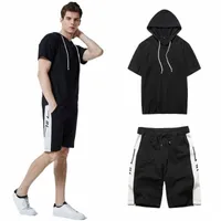 men's Tracksuits Two-piece Sportswear Latest Style Suit Fitness Trainer Running Summer Men Short-sleeved Hooded Top Shorts Set Outdoor X8Zl#