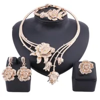 New Women Dubai Gold Color Statement Flower Crystal Wedding Accessories Necklace Earring Ring Bangle Jewelry Set1810