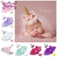 Nishine 0-2 Years Newborn Unicorn Horn Headbands Silk Bow Tutu Dress With Sandles Sets Kids Baby Po Shoot Children Birthday Gif216D