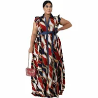 4xl 5XL Plus Size Africa Clothing Trendy Stripe Printed Sleeveless Maxi Dress Women Autumn Robe Party African Long Dress1 O0g6#