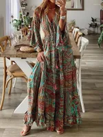 Robes décontractées Robe Long Robe Femme Floral Print Sundress Summer V-COLLE TROIS QUARTRES MANDES DAMES BEACH