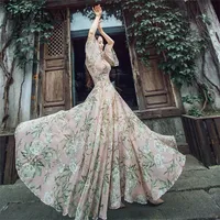 Summer Romantic Floral Large Hem Romantic Chiffon Dress Elegant Female X-Long Socialite Maxi Dresses Women