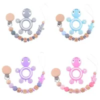 Pacifier Holders Baby Clips Weaning Teething Silicone Infant Wood Toy Teether Turtle Chain Set E2245