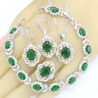 Necklace Earrings Set 925 Stamp Silver For Women Green Semi-precious Bracelet Pendant Rings 2022 Arrival Gift Box