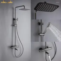 Bathroom Shower Sets Luxury Thermostatic Gunmetal Mixer Brushed Gray Bath Kit Rainfall Frosted Metal Constant Set