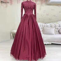 Party Dresses Claret Red A-Line Lace Muslim Formal Engagement Prom Dress Beaded Appliques Dubai Arabic Long Sleeve Evening Gowns For Women