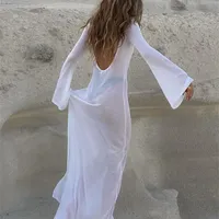 الفساتين غير الرسمية FSDA Maxi Long Sleeve Women Dress Backless Club See من خلال Mesh Summer Sexy Party Beach Bodycon 220926