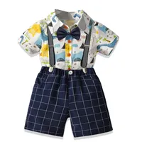 Clothing Sets Suits Baby Clothes Kids Coat Outfits Child Summer Dinosaur Cartoon Print Short Sleeve Shirt Bib Show Gentleman Dress E17491