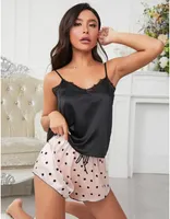 Kadınlar Seksi İpek Saten Polka Dot Pijama Setleri Cami Şort Pijama Setleri
