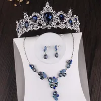 Baroque Luxury Silver Plated Blue Crystal Bridal Jewelry Sets Necklace Earring Tiara Crown Set Wedding African Beads Jewelry Set2317