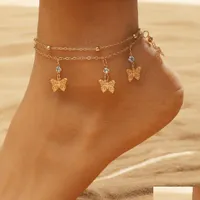 Anklets Women Double Layers Diamond Butterfly Foot Chain Gold Color Anklet For Girl Friend Drop Delivery 2021 Jewelry Evileyesforu Dhmuf