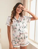 Damen Blumendruckkontrastbindung Satin -Pyjamas Kurzh￼lle Set Kurzarm