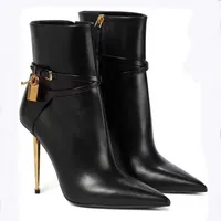 Boots 2022 Fall Winter New Designer Boots Womens Leather Martin Short Boots Pointed Toe Padlock Stilettos Solid Color Ankle Zipper Black Size