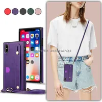 Leather Phone Cases for iPhone 14 Pro Max 13 12 Mini 11 14Plus Xsmax XS X XR 6 6s 7 8 Plus Protective Square Cover with Credit Card Holder Lanyard Crossbody Strap Kickstand
