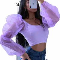 viifaa Lavender Contrast Mesh Lantern Sleeve Top T Shirt Women Clothes 2021 Fashion Streetwear Long Crop Tees1 k6hs#