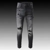 Jeans de moda de moda masculina Retro preto elástico cinza Slim Fit Destruído Ripped Brand Hip Hop Denim Punk Pants Hombre 220928