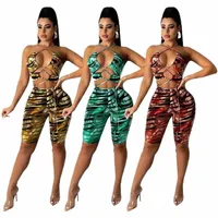women's Tracksuits European And American Summer Fashion Print Tiger Pattern Wrap Chest Shoulder Drawstring Sexy 2-piece Female Nightclub y1YT#
