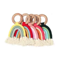 lioraitiin Accessories Newborn Baby Rainbow Teether Crochet Wood Ring Baby Teething Toy Natural Cotton Teething Toy335w