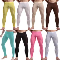 Mens Sexy Long Johns Ice Silk Ultra Thin Transparent Penis Pouch Leggings  Underwear Men Home Sheer Lounge Pants Gay Sleepwear 211110 From Dou02,  $11.04