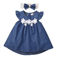 Girl Dresses Infant Baby Dress Headband Lace Flower Decoration Flying Sleeve Round Neck Back Zipper Denim 6-24M