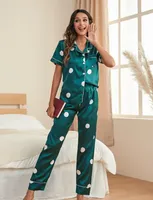 Kadınlar İpek Polk Dot Baskı Sökü Kollu Pijama Pantolon Pijama Setleri