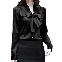 satin Shirt Women Long Sleeve Bow Collar Silk Solid Blouses Work Wear Uniform Office Lady Simple Body Tops11 96rt#
