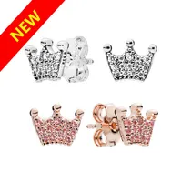 luxury designer 18K Rose gold Stud Earring Crown for Pandora 925 Silver Women Wedding Jewelry Earrings with Original box sets289U