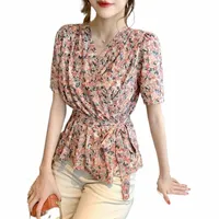 2021 Summer Casual Shirts Women V-Neck Button Up Crop Lace Waist Top Female Short Sleeve Floral Printing Blouse1 t8Cz#