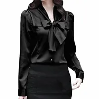 satin Shirt Women Long Sleeve Bow Collar Silk Solid Blouses Work Wear Uniform Office Lady Simple Body Tops11 l4tZ#