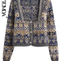 Women&#039;s Jackets KPYTOMOA Women Fashion Jacquard Cropped Knitted Cardigan Sweater Vintage Long Sleeve Button-up Female Outerwear Chic Tops 220926