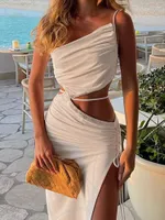 カジュアルドレスOMSJホローアウト女性マキシビーチドレスエレガントな斜めの襟スリング非対称スリムフィットドローストリングスリットスリットセクシーな見事