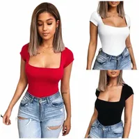 sexy Romper Women Bodysuit Short Sleeve 2021 Summer Solid Jumpsuits Club Square Neck Bottoming Shirt Clothings Women's & Rompers d3EZ#