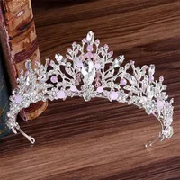 KMVEXO European New Handmade Cute Pink Crystal Beads Crown Bride Hair Jewelry Wedding Tiaras Diadem Headdress Headpieces Y200409258M
