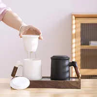 Mugs Office Tea Cup Separation Retro Ceramic Coffee Rust Glaze Milk Beer Wooden Handle Filter