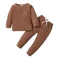 Clothing Sets Kids Baby Girls Boys Waff Plaid Pants Set Long Sleeve Round Neck Tops Lace Up Waist Spring Autumn 1-5T