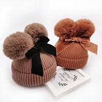 Double Fur Ball Bow Hats Baby Pom Beanie Cap Toddler Kids Girls Winter Warm Crochet Knitted Hat Accessories caps225i