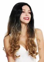 Popular Ladies Long Wavy Curly Middle Part Ombre Blonde Black Approaches wig