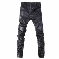 men's Pants Faux Leather Trousers Men Skulls Rivet Motorcycle Windproof Autumn Winter Male Casual Skinny Slim Fit Pant Man b09D#