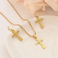cross Necklace Earrings Set Solid Gold GF cz crystal Catholic Religious wedding bridal Jewelry Set Christmas birthday Gift298L