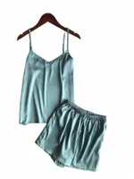 women's Sleepwear Ice Silk Twinset Korean Solid Color Women Pajamas Camisole Pajama Set Woman Summer Vest Shorts Suit I2gz#