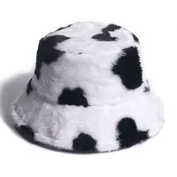 Black and White Cow Print Bucket Hats Fluffy Warm Shopping Holiday Instagram Wide Brim Hats Fall and Winter