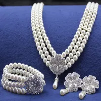 Rhodium Silver Tone Ivory Cream Pearl Bridal Jewelry Set Wedding Necklace Bracelet and Earrings Sets291D