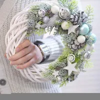 Decorative Flowers White Gray Garland Wicker Round Design Christmas Tree Rattan Wreath Ornament Vine Ring Decoration Home Party Hanging